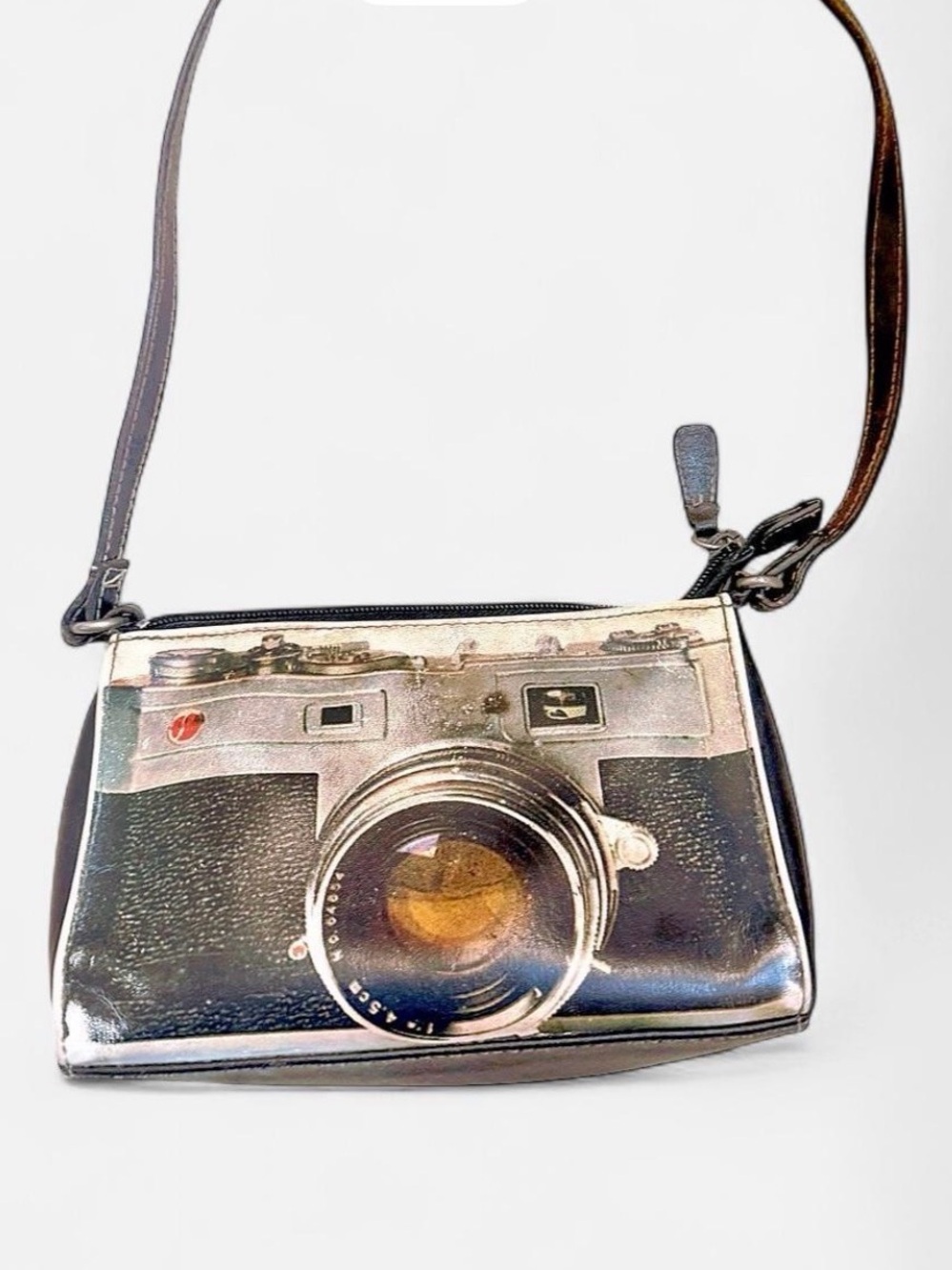 Vintage Camera Print Handbag - Black